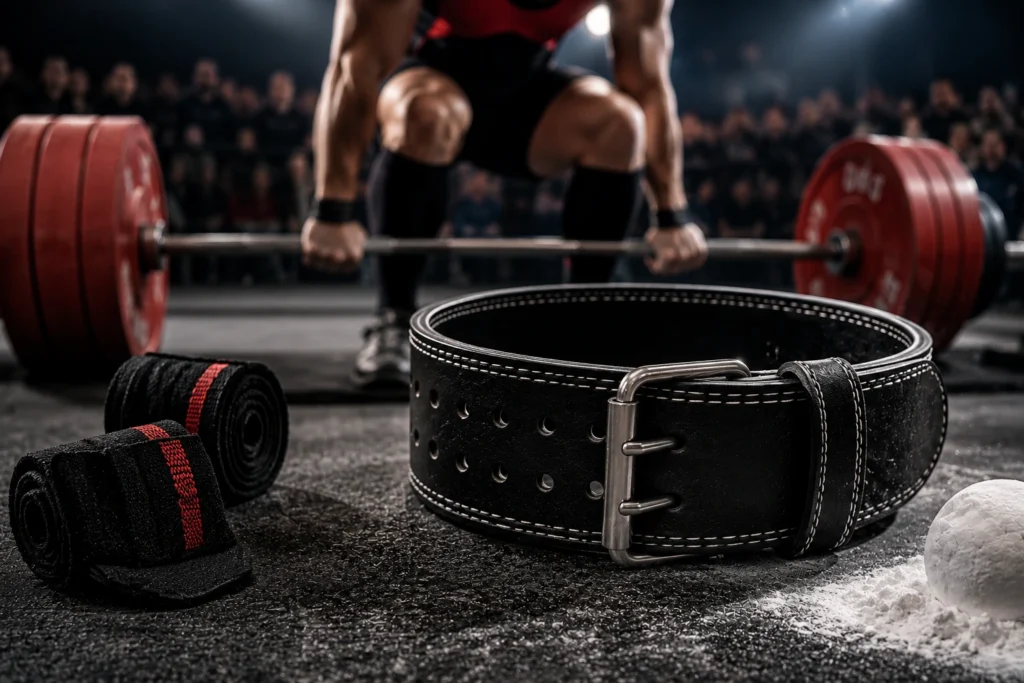 Powerlifter wearing a competition-approved leather lifting belt while preparing for a heavy squat on a powerlifting platform.