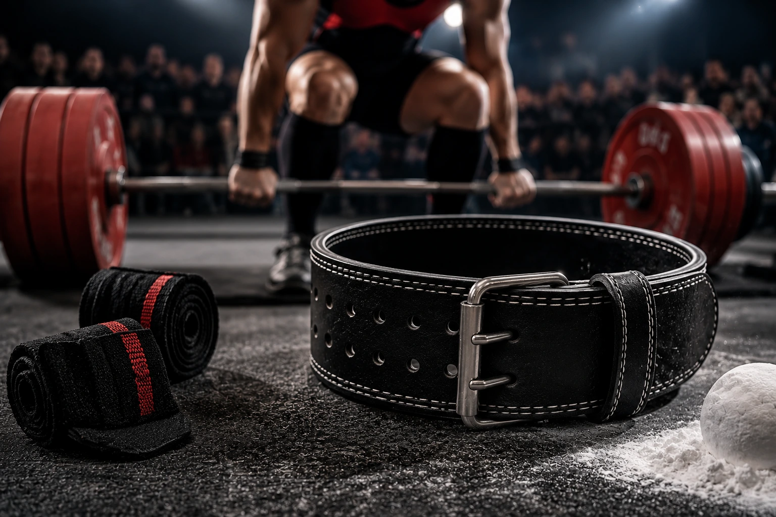 Powerlifter wearing a competition-approved leather lifting belt while preparing for a heavy squat on a powerlifting platform.