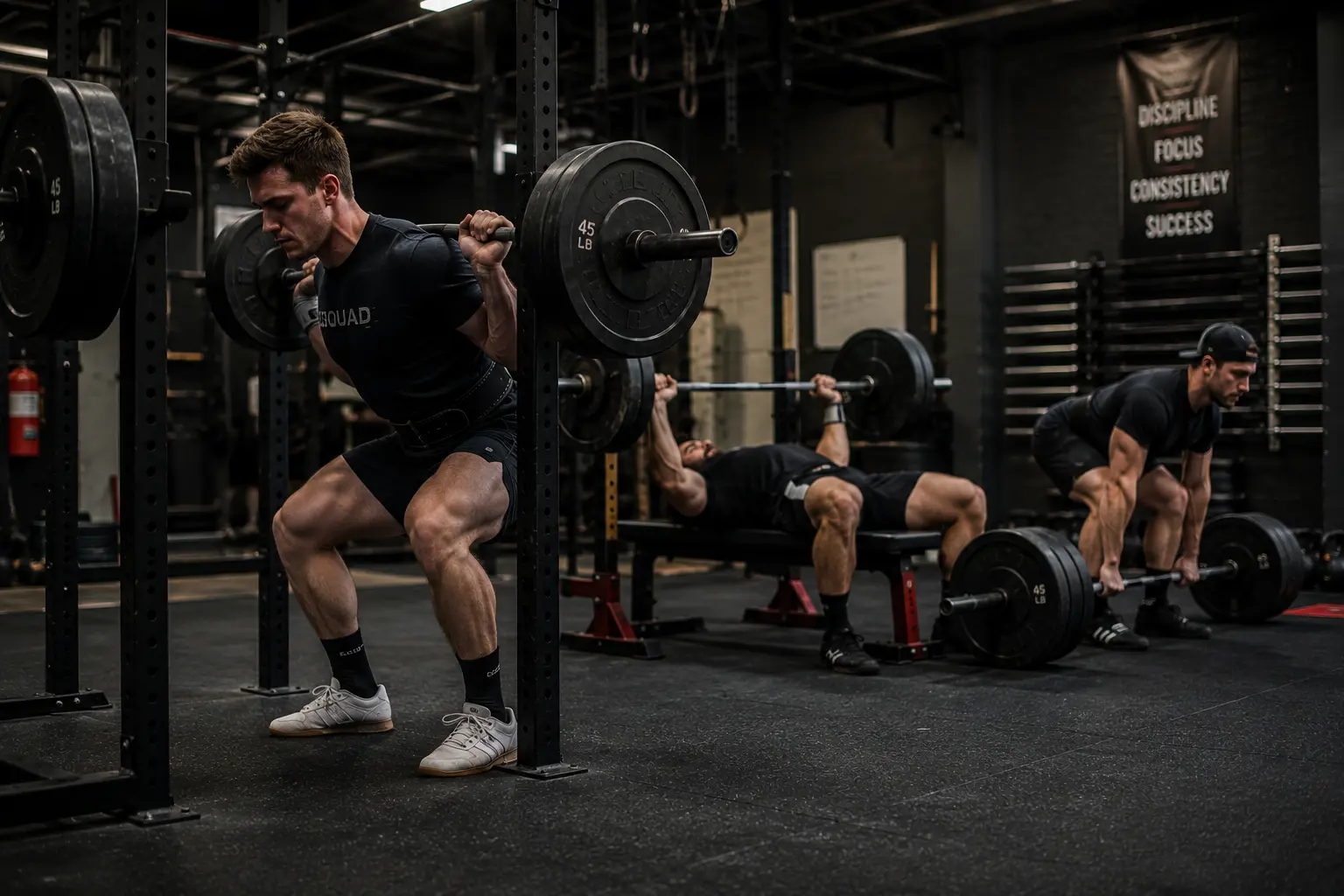 Beginner powerlifter performing squat, bench press, and deadlift exercises during a structured weekly training routine in a professional gym.