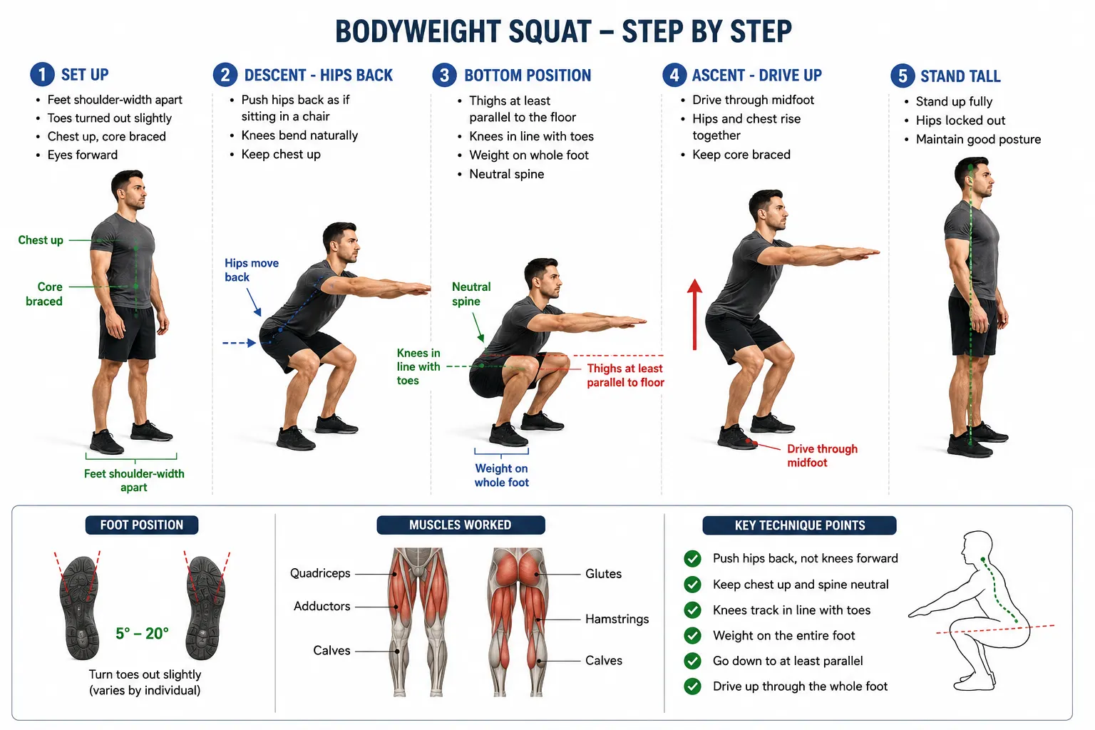 Step-by-step bodyweight squat guide illustrating proper squat form with movement arrows, body alignment cues, foot positioning, muscles worked, and key technique points for safe and effective squats.