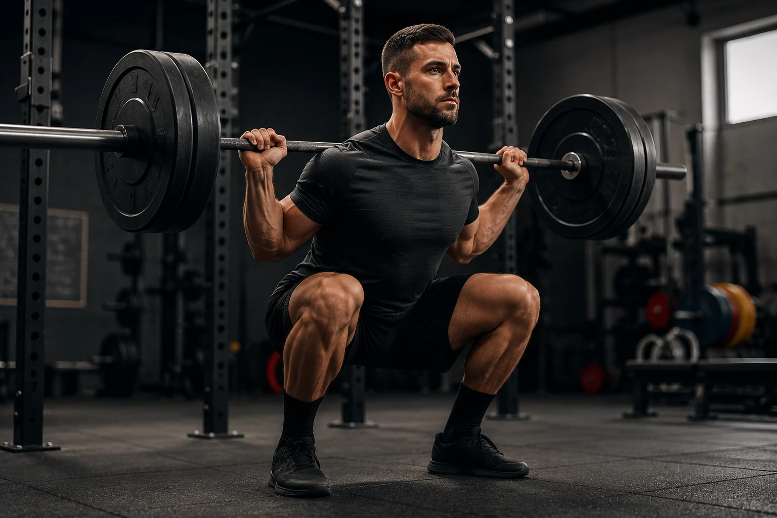 Athlete performing a barbell back squat with proper technique inside a gym, demonstrating correct squat form for strength training and powerlifting.