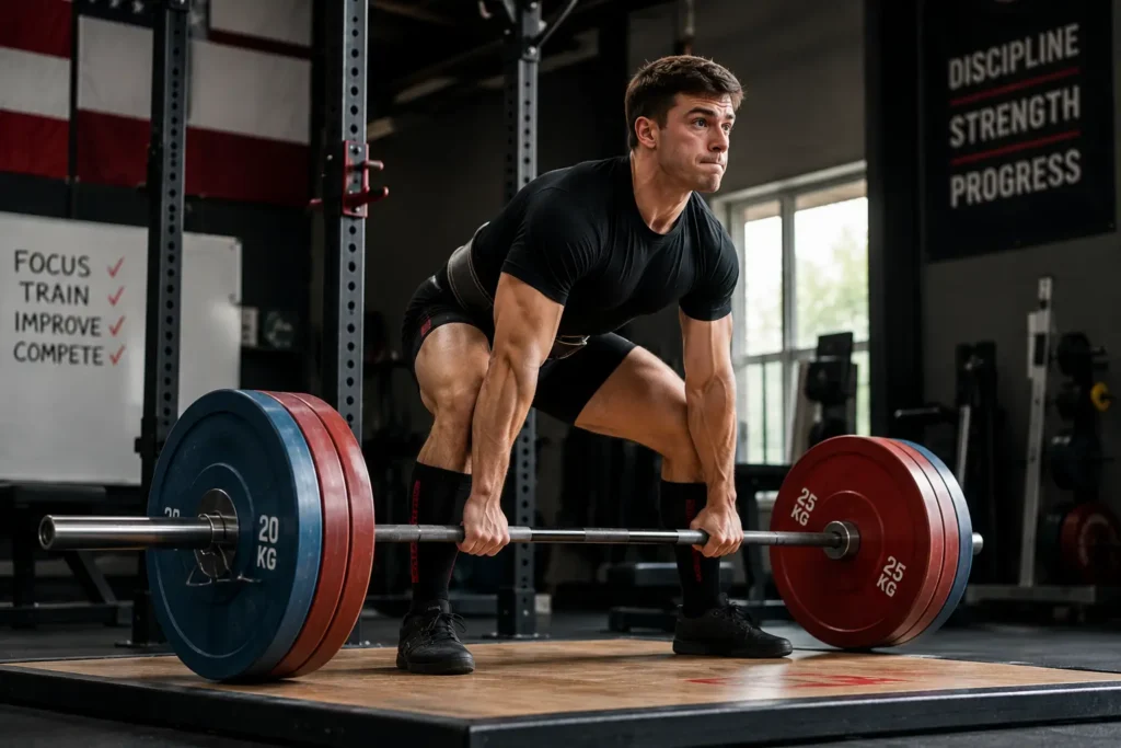 Beginner powerlifter performing a heavy deadlift with proper technique during a strength training session in a professional gym.