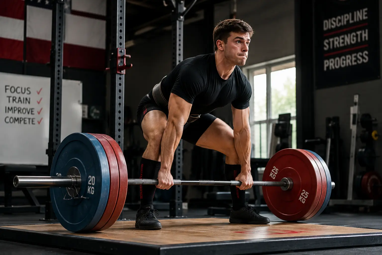 Beginner powerlifter performing a heavy deadlift with proper technique during a strength training session in a professional gym.