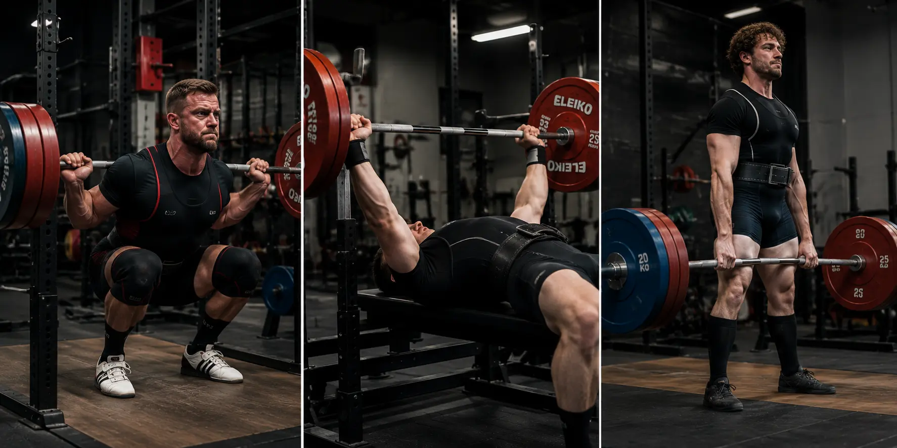 Powerlifters performing the squat, bench press, and deadlift in a professional gym during a strength training session.