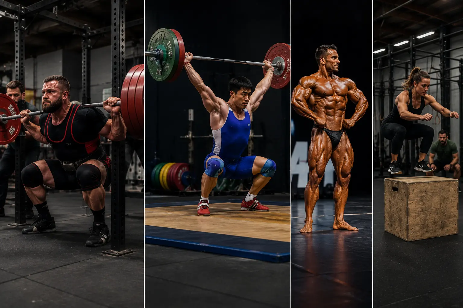 Comparison of powerlifting, Olympic weightlifting, bodybuilding, and CrossFit athletes performing their respective training styles in a professional gym.