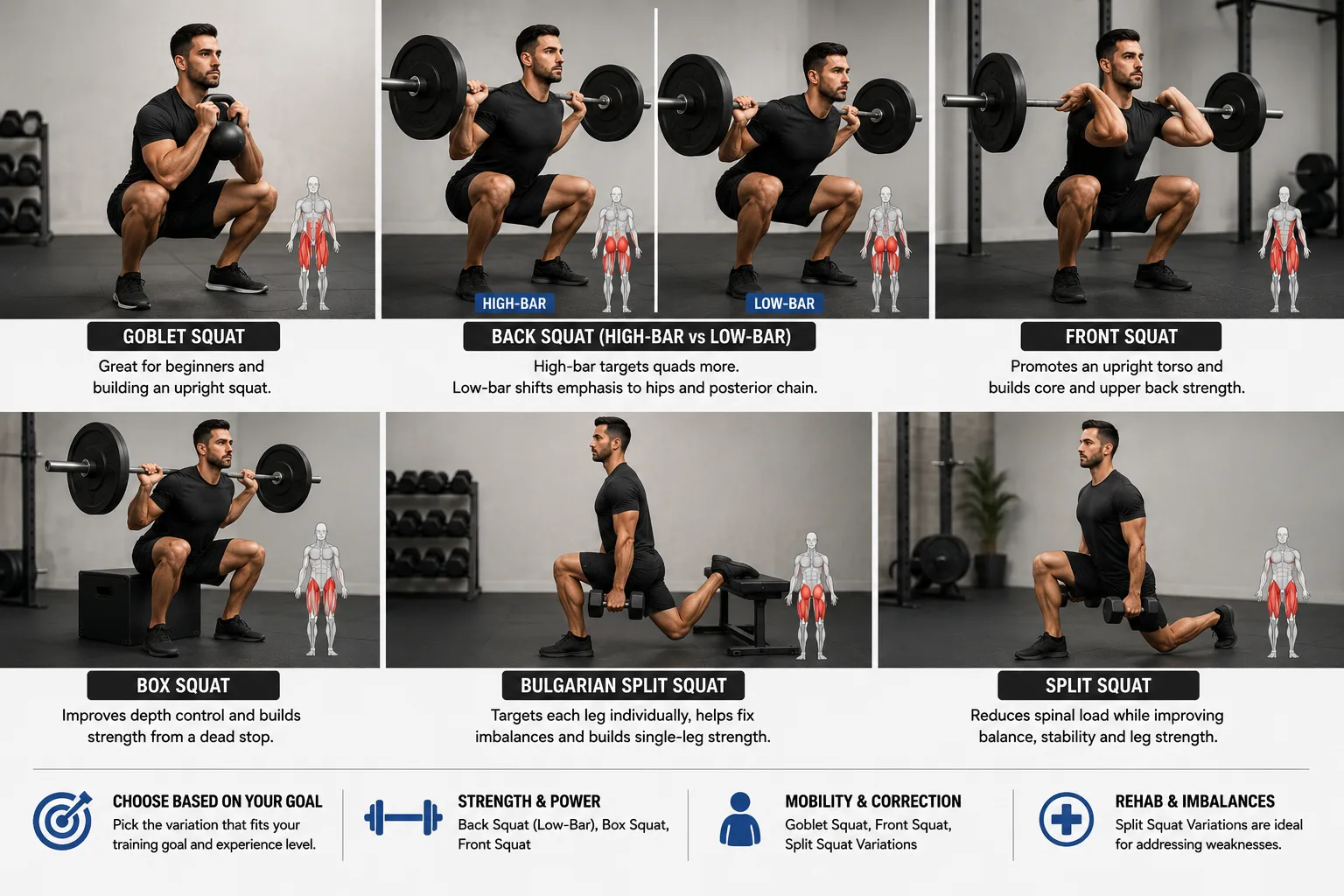 Comparison of popular squat variations including goblet squat, high-bar back squat, low-bar back squat, front squat, box squat, split squat, and Bulgarian split squat, demonstrating proper form and equipment for different training goals.
