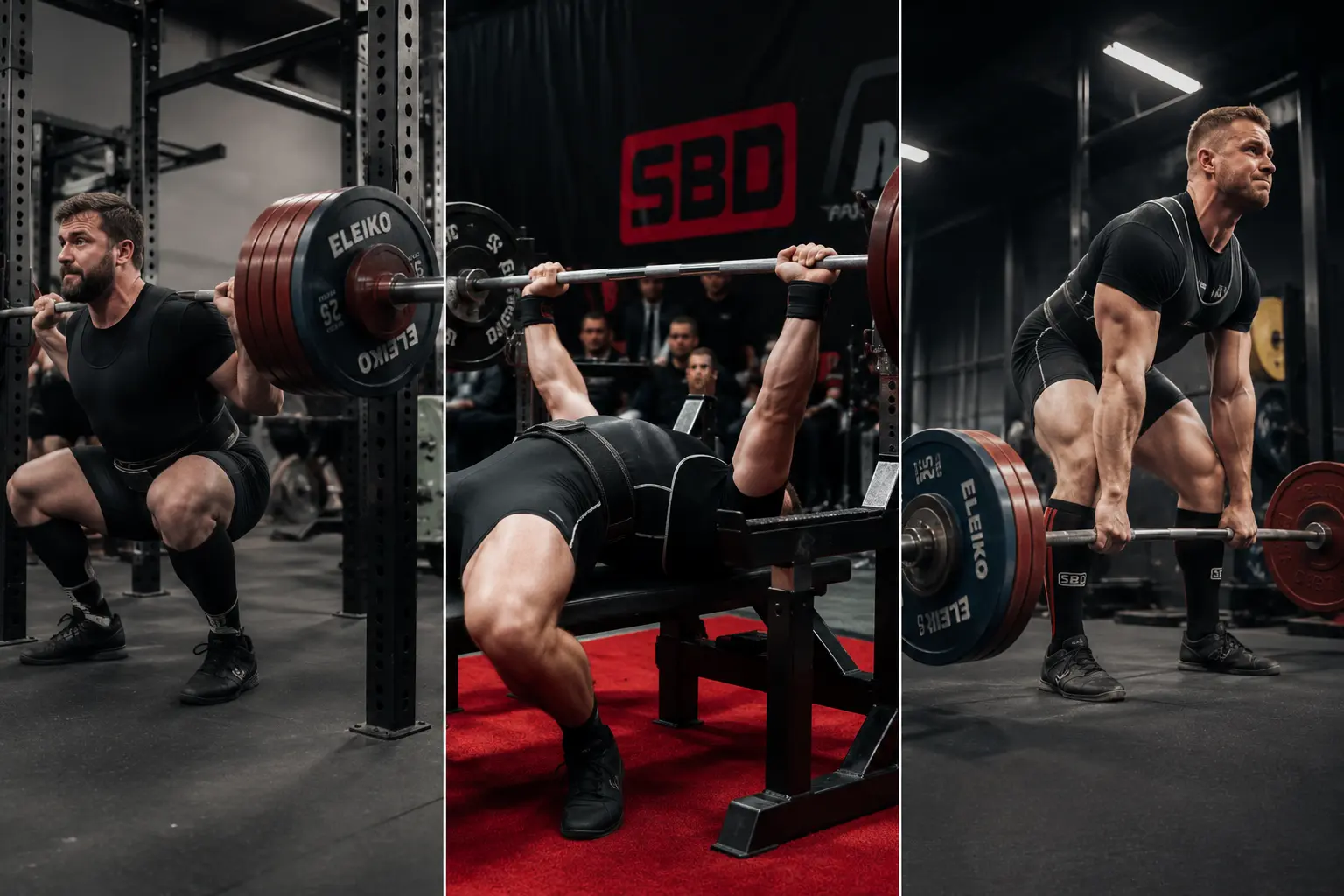 Powerlifters performing the squat, bench press, and deadlift during a strength training session in a professional gym.