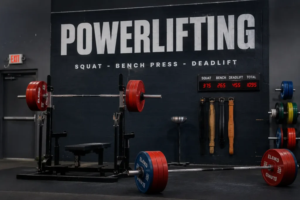 Powerlifter performing a heavy squat in a professional gym with competition equipment used in powerlifting training.