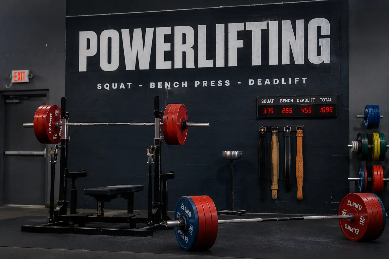 Powerlifter performing a heavy squat in a professional gym with competition equipment used in powerlifting training.