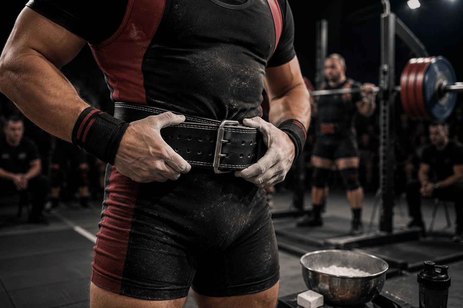 Powerlifter tightening a competition-approved leather lifting belt before a heavy squat during a raw powerlifting competition.